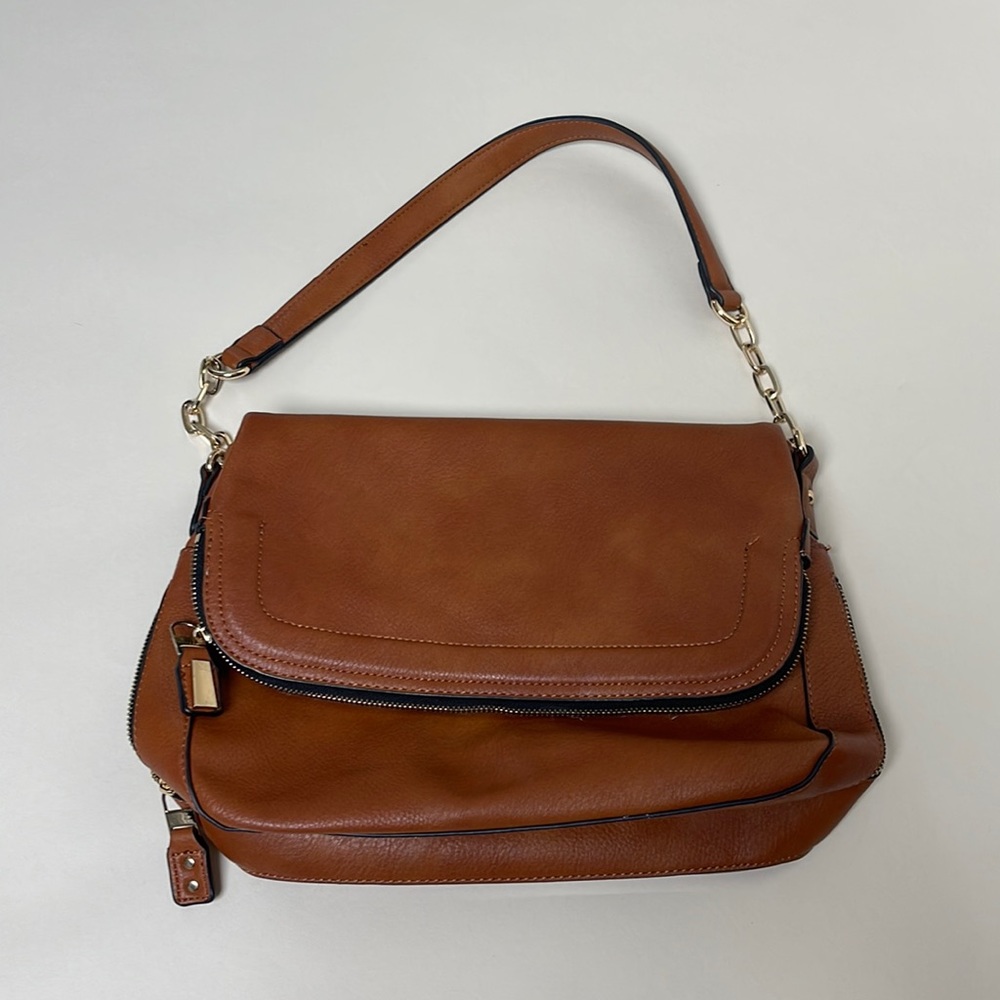Urban Expressions certified vegan brown leather shoulder purse w/ gold hardware